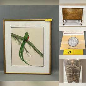 MaxSold Auction: This online auction features Philippino war shield, vintage upholstery fabric, Japanese pencil etching, lithographs, MCM chrome lounge chairs, comic art illustrations, antique Tiger Oak server, coins, writing desk, settee, and much, much, more!!