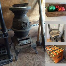 MaxSold Auction: This online auction includes books, DVDs, tools, hardware, jewelry, accessories, vases, wall art, cameras, kitchenware, rugs, doors, bike stand, seasonal decor, cast iron pot belly stove, decor, pitcher, birdhouses, wood decor, horseshoes and much more!