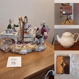 MaxSold Auction: This auction features Glass Vegetables, Art Glass Vases, Jewelry, WowWee Robot , Lamps, Jewelry Boxes, Tea Cups, Flute, Globe Lamp, Books, Samsung TV, Royal Doulton Figurines, Hats, Pyrex, Unterwiesbach Figure, Sweaters, Lectern, Cast Iron Casseroles, Carved Birds, Dinnerware, Skagen Watch, Framed Art and much much more!\n