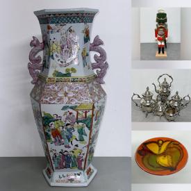 MaxSold Auction: This online auction includes Murano glass, Denby stoneware, rugs, vases, stemmed glassware, foo dog figures, wall art, jewelry, accessories,  Erzebirge Volkskunst incense smokers, nutcrackers, silverplate, lamps, Hockey cards, books, MCM art glass, pottery and more!n