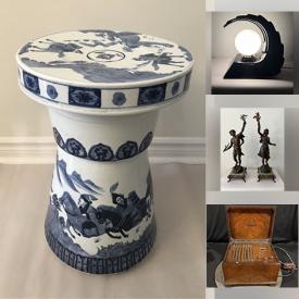 MaxSold Auction: This online auction includes Victor Rosseau statues,1940s music box radio, mirror, lampshades, embroidery panels, Norman Rockwell print, resin art, tools, Satsuma bowl, lamps, sconces, teak goblets, vintage Lego, electronics, Royal Doulton figurine, furniture such as MCM bookcase, bar stools, vintage chairs, garden stools, stands and much more!