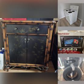 MaxSold Auction: This online auction includes a cabinet, XL pet bed, weight bars, shower rods, modular power supply, wicker stand, boxing gloves, Coleman coolers, pedestal sink, lights, stereo system, cleaners, tires, gas sweeper, mirror, walker, fridge, stove and more!