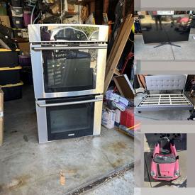 MaxSold Auction: This online auction includes a double wall oven, vent hood, vanity top, granite slabs, TV, bedframe, clothing, accessories, kids toys, suitcases, fireplace andirons and more!