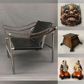 MaxSold Auction: This online auction features LC1 sling chairs, antique Buddhas, abstract art, vintage Barong mask, art glass, Royal Doulton figurines, art pottery, metal art, vintage bronze sculpture, perfume bottles,  wood sculpture, house hippo, stone fruit/eggs, collector plates, wicker desk & chair, Indigenous art, antique secretary desk, telescope, and much, much, more!!!