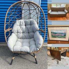 MaxSold Auction: This online auction includes furniture such as a patio egg chair, desk, sofa, armchairs, tables, bedframe, bookcases and others, office supplies, kitchenware, small kitchen appliances, tools, hardware, clocks, decor, rugs, bags, accessories, lamps, wall art, luggage, pillows and more!