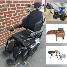 MaxSold Auction: This online auction includes powered wheelchairs, Ashley sofa set, stereo console, Domestic brand sewing machine, bar stool, patio chairs, tables, Craftsman table saw, Snow Joe snowblower and more!