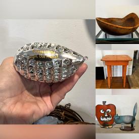 MaxSold Auction: This online auction includes pottery, stained glass lamp, vases, glass bowls, glass shelves, Fiestaware, Workmate bench, seasonal decor, basket, sock monkeys, antique pine table and more!