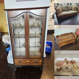 MaxSold Auction: This online auction includes books, end table, planter, sliding lounger, kitchenware, copper items, DVDs, duck storage box, pottery, mirror, lamp, rugs, metal shelf, wood servingware, desk, sofa, Art Nouveau bookcase and much more!