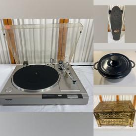 MaxSold Auction: This online auction features vintage Indiana glass, stereo components, Legos, crafting supplies, skateboard, computer tower, vintage ashtrays, metal wall art, vintage ornate brass chest, crystal chandelier lamp, and much more!!