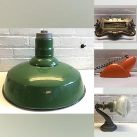 MaxSold Auction: This online auction features antique lamp shade, brass table lamps, industrial lights, schoolhouse globes, RAB lights, ceramic electrical parts, brass mail slots, vintage ceramic sconces, vintage glass shades, lightbulb cages, and much more!!n