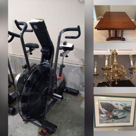 MaxSold Auction: This online auction features exercise equipment, chandeliers, desk chairs, area rug, corner curio cabinet, printer, shelving, club chair, yard tools, bay boat, Doug Forsythe prints, and much more!!