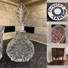 MaxSold Auction: This online auction features framed wall art, area rug, crystal glasses, vintage Japanese lacquered plates, milk glass,  small kitchen appliances, decanter set, vintage smoking stand, men’s clothing, and more!!