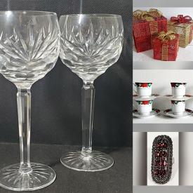 MaxSold Auction: This online auction includes Waterford crystal, jewelry, accessories, clothing, decorative plates, San Francisco Music Box Company musical box, books, vintage lamp covers, Murano art glass, Lustreware, linens, travel case, Bavaria and other china, kitchenware, baskets, souvenirs, Christmas decor and much more!n