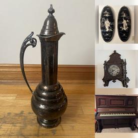 MaxSold Auction: This online auction includes a tan couch, chairs, shelves and other furniture, lacquered wall panels and other wall art, chess sets, Haines Brothers piano, wood clock, glassware, urns, electronics, vases, figurines, brassware and more!