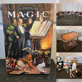 MaxSold Auction: This online auction includes a coffee table, dresser, credenza, animated Santa and Mrs. Claus, wall hangings, books, headsets, coke items, Starburst mirror, MCM clown bust, toys, DVDs, linens, SaunaTek vests, pedal exerciser and much more!