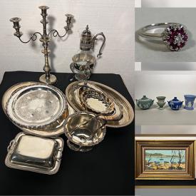 MaxSold Auction: This online auction includes wall art, Copeland, Belleek and other china, art glass, Luciteware, sterling silver and silverplated servingware, jewelry, Woods collapsible bed, smart watches, books, Pyrex, vintage payphone decanter,  Herman Miller lounge chair, Lladro figures, carvings and more!