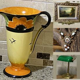 MaxSold Auction: This online auction includes wall art, vintage Pyrex, cast iron tree stand, David Rowland stackable chairs, linens, vases, jewelry, accessories, Adderley and other china, vintage glassware, M. Hohner harmonica, clock, Blue Mountain pottery, lamps, bongo drums and more!