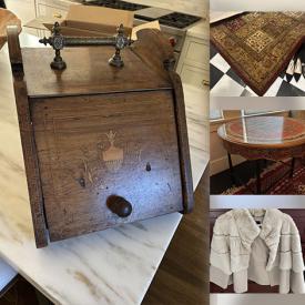 MaxSold Auction: This online auction includes brass items, silverplated items, rugs, stemware, small kitchen appliances, Coca Cola radio, linens, seasonal items, books, clothing, shoes, accessories, lamps, side table, lacquered table, slipper chairs and more!