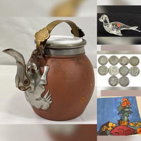 MaxSold Auction: This online auction features coins, sterling jewelry, collectible pins, art glass, collector plates, vintage clay teapot, vintage books, outerwear, and more!