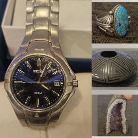 MaxSold Auction: This online auction features gold jewelry, watch, art pottery, art glass, silver jewelry, NIB Holiday Barbie, toys, rock specimens, drone, Disney collectibles, and more!!