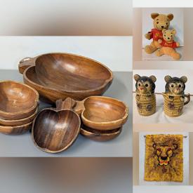 MaxSold Auction: This online auction features milk glass, tins, Toby jugs, brass collectibles, craft kits, art pottery, S & P shakers, handmade dolls, vintage stuffies, stools, wreaths, yard art, toys, baby clothes, Disney collectibles, decanters, milk glass, vintage Pyrex, Carnival glass, table lamps, vintage toys, vintage ornaments, comics, suncatchers, quilts, Hummels, vinyl records, wool sweaters, and much, much, more!!!