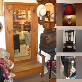 MaxSold Auction: This online auction features antique hall stand, accordions, art glass, comics, Wade tea figurines, costume jewelry, watches, NIB pendant light, vintage cookie jar, vintage swag chandelier, Lladro figurine, oil lamp, art pottery, Emile Bluteau folk art, and more!