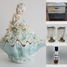 MaxSold Auction: This online auction includes a lateral file cabinet, suitcases, books, linens, Simplehuman dish rack, kitchenware, vintage cut glass, servingware, clothing, accessories, pottery, porcelain figures, jewelry, globe lights, wood roses, adjustable music stand, kitchen tools and much more!