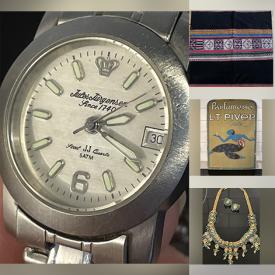 MaxSold Auction: This online auction features sterling rhinestone jewelry, art glass, E.J. Rogers engravings, vintage watches, stone carving, Depression glass, Toby mug, stained glass lamp, coin, antique crock, flow blue platter, vintage jadeite, and much, much, more!!!