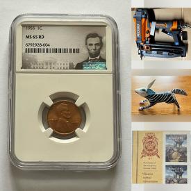 MaxSold Auction: This online auction features coins, postal scale, new first aid kits, hand & power tools, men’s clothing, stamps, coin collecting supplies, wooden animals, video game consoles, jeweler loops, and much, much, more!!!