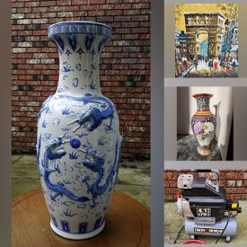 MaxSold Auction: This online auction features Asian Dragon vase, outboard motor, vintage mandolin, security door, Mask art, skis, Chinese Zodiac animals, stained glass sailboat, metal wall art, bikes, vintage African tribal drum, art glass, Asian tea table, vintage Satsuma egg, antique bottles, vinyl records, air compressor, and more!!