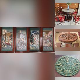 MaxSold Auction: This online auction features rosewood stools, tables & chairs, silk picture, wooden armoire, silk pillows, sleeper bed, Mexican calendar, wall panels, leather sofas, and much more!!