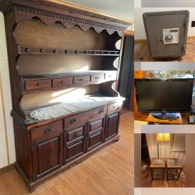 MaxSold Auction: This online auction features hutch, shelving, safe, stereo components, vintage trunk, TV, costume cabinet, end tables & more!