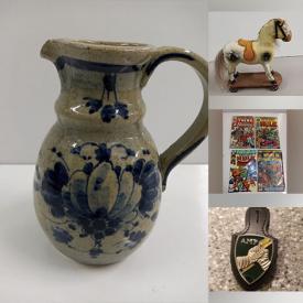 MaxSold Auction: This online auction features antique toys, games, art glass, Cranberry glass, Indigenous artwork, soapstone carvings, stained glass suncatcher, Quebec Folk Art, Carnival glass, art pottery, Tiffany-style slag glass lamp, winter tires, antique highboy, cedar chest, vintage mechanical cards, vintage bottles, vintage biscuit tin, military pins & cap badges, walking sticks, comics, chest freezer, and much, much, more!!!
