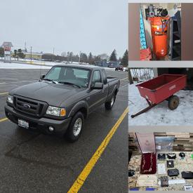 MaxSold Auction: This online auction features Ford Ranger, teacup/saucer sets, decanter, dining table & chairs, antique books, Tom Thomson prints, oil lamps, patio furniture, metal wall art, yard tools, snow blower, power & hand tools, engine hoist, air compressor, new concrete mixer, planter pots, toys, small kitchen appliances, fitness gear, exercise equipment, printer, office supplies, collector plates, sterling jewelry, new costume jewelry, and much, much, more!!!