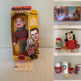 MaxSold Auction: This online auction includes Howdy Doody dolls, figures, plates, glassware, books, VHS tapes, posters, masks and other memorabilia, Matchbox trucks, Little Lulu doll, Star Wars lunchbox, Body Language game, Lone Ranger toy figures and much more!