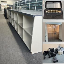 MaxSold Auction: This online auction includes Light Bulbs, Table, Storage Cubbie Dispenser, Tool Box, Printers, screens, Packing Table, Box Cutters, Calculators, Metal Shelving Racks, Plastic Dock Curtain and more!