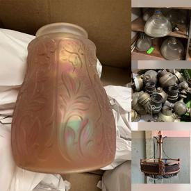 MaxSold Auction: This Commercial Liquidation Online Auction features art glass, stained glass panel lamps, Holophane glass, Schoolhouse glass, vintage milk glass lampshades, smoke bells, reverse painted glass shade, beeswax candle covers, antique glass lampshades, glass lenses, antique table lamps, whale oil lamps, antique chandeliers, brass lamp parts, Asian plant stands, piano floor lamps, gasoliers, and much, much, more!!!