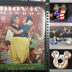 MaxSold Auction: This online auction features Disney collectibles such as prints, sheet music, posters, comics, snow globes, figurines, trinket boxes, character pins, mouse ear pins, cruise line pins, castles pins, patriotic pins, stamp pins, geography pins, school pins, pin trading starter kit, and more!!