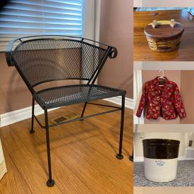 MaxSold Auction: This online auction features patio furniture, antique furniture, antique crock, side tables, curtains, art pottery, wicker baskets, toys, fabric, small kitchen appliances, stone carvings, printer, boots, women’s clothing, and more!