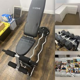 MaxSold Auction: This online auction includes a weight bench, weights and other exercise equipment, clothing, shoes, accessories, toys, books, craft supplies, kitchenware, decor, linens, wicker trunk, cabinets, office chair, dresser and more!