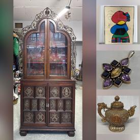 MaxSold Auction: This online auction features art glass, Cranberry glass, Fenton glass, Art Deco table lamp, antique lantern, John Miro lithograph, carved wood sculpture, vintage Chinese flatware chest, snuff bottles, jade carving, metal sculpture, and much, much, more!!!