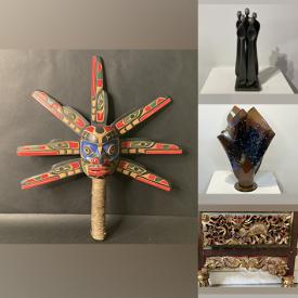 MaxSold Auction: This online auction features Indigenous art including wall mask, etched glass, stone carvings, wood carvings, pottery, and pewter pieces, Boris Kramer artwork, Swarovski crystals, art glass, antique Chinese carved wood panels, and much more!