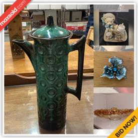MaxSold Auction: This online auction features toys, Cherished Teddies, collector plates, Carnival glass, art pottery, art glass, beer steins, collector doll, comics, Disney collectibles, costume jewelry, vinyl records, decanter, coins, banknotes, Pokemon cards, Blue Mountain Pottery, souvenir spoons, vintage books & magazines, and much, much, more!!!