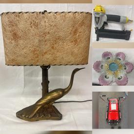 MaxSold Auction: This online auction features Art Deco brass lamp, metal miniatures, power tool, Blub Mountain Pottery, room divider, wicker desk, small kitchen appliances, vintage Pyrex, oil lamps, marbles, cameras,  souvenir spoon collection, vintage tins, exercise equipment, S & P shakers, games, stamps, and more!!