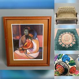 MaxSold Auction: This online auction features oil paintings, lithographs, milk glass, vintage books, portable shelf units, vintage sette, Asian panel divider, bicycle, area rugs, sleeper sofa, art pottery, and more!