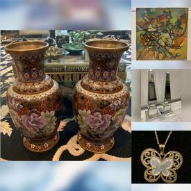 MaxSold Auction: This online auction features gold jewelry, vintage MCM lamp, teak furniture, Foo Dog statue, rattan furniture, jade carving, wood carving, vintage brass statue, art glass, art pottery, brass enamel plates, cloisonne pendants, and much more!!