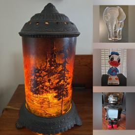 MaxSold Auction: This online auction features vintage tin toys, novelty teapot, Star Trek collectibles, fishing gear, antique motion lamp, antique wicker chairs, sports collectibles, vintage tins, Disney collectibles, antique Sad irons, oil lamp, comics, silver jewelry, vintage radios, Dinky cars, vintage fishing gear, art glass, vintage books, African wooden carvings, glass insulators, watches, and much, much, more!!!