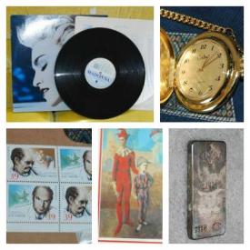 MaxSold Auction: This auction features pocket watches, music records, silver bars, pots and pans, Men's jackets, fireplace accessories, rattan shelving unit, luggage, rugs, Bissell vacuum, booster seat and queen bed!