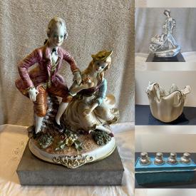 MaxSold Auction: This online auction features art glass, MCM candleholders, pottery wall mask, vintage Inuit soapstone sculptures, vintage microscope set, vintage watch, collector plates, vintage dolls,  beer steins, silver jewelry, vintage cameos, charm bracelet, coins, guitars, ginger jar, and more!
