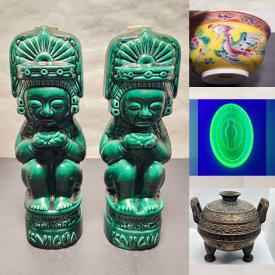 MaxSold Auction: This online auction features sewing machine, stone carvings, Chinese teapot, Peranakan bowl, decanters, vintage barware, uranium glass, secretary desk, clay teapot, onyx goblets, wood carvings, live plants stained glass items, toys, West German pottery, jade jewelry, bronze incense burner, art glass, stamps, games, window AC unit, boat motor, wooden masks, and more!